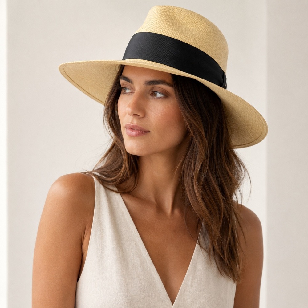 Freya Women Tan Organic Straw Fedora Sun Hat Wide Brim Black Ribbon Size S/M